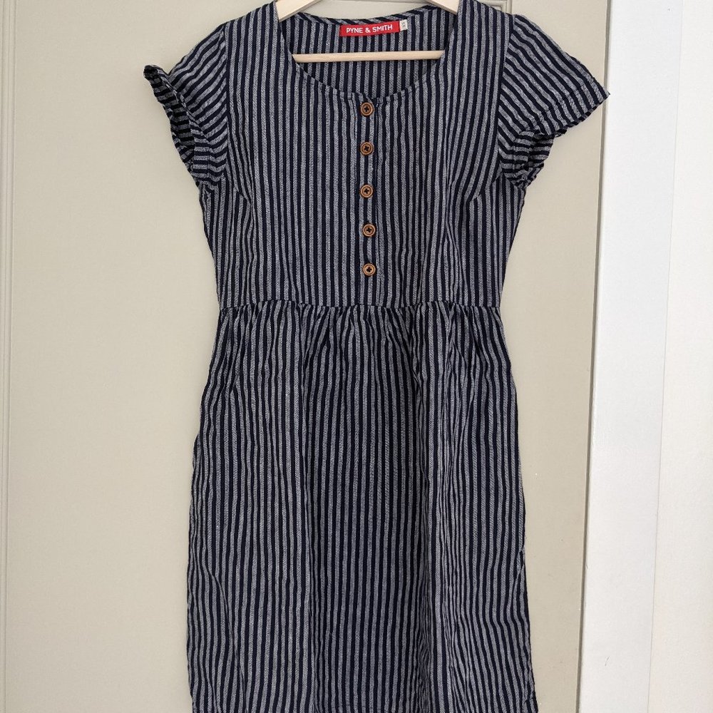 Pyne & Smith Clothiers Model No. 10 linen dress, Indigo Stripe, Custom-made, XS